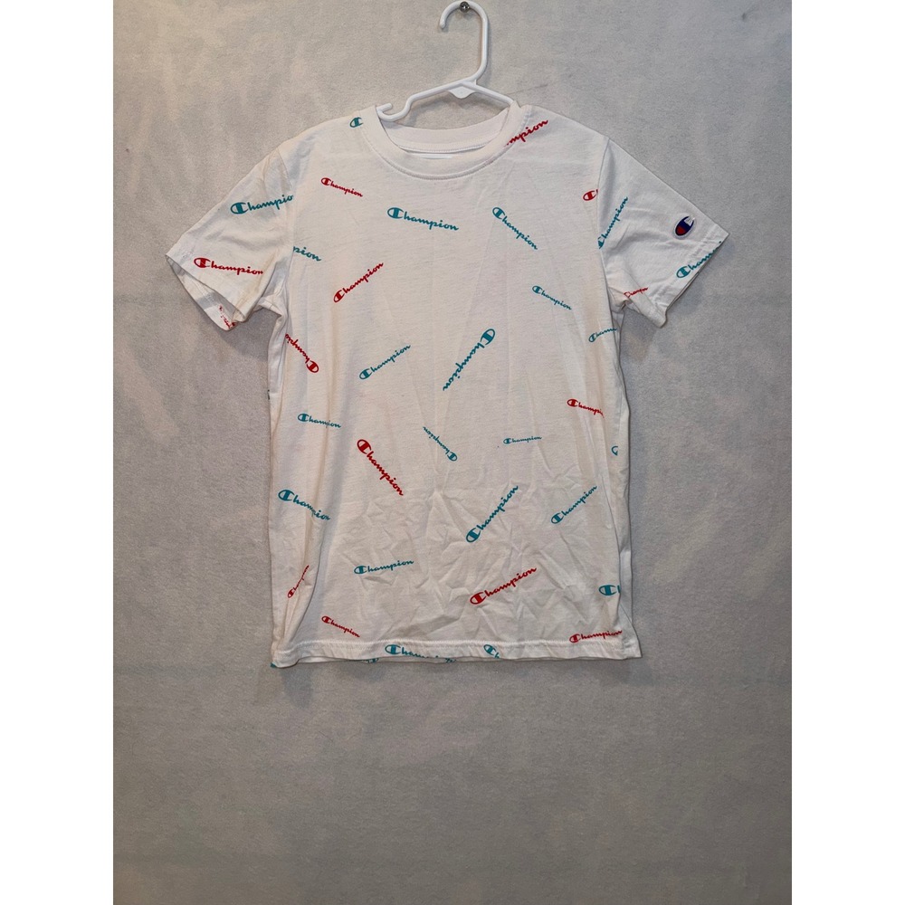 Champion All Over Logo T Shirt White Red Blue Graphic Print Authentic Athletic M
